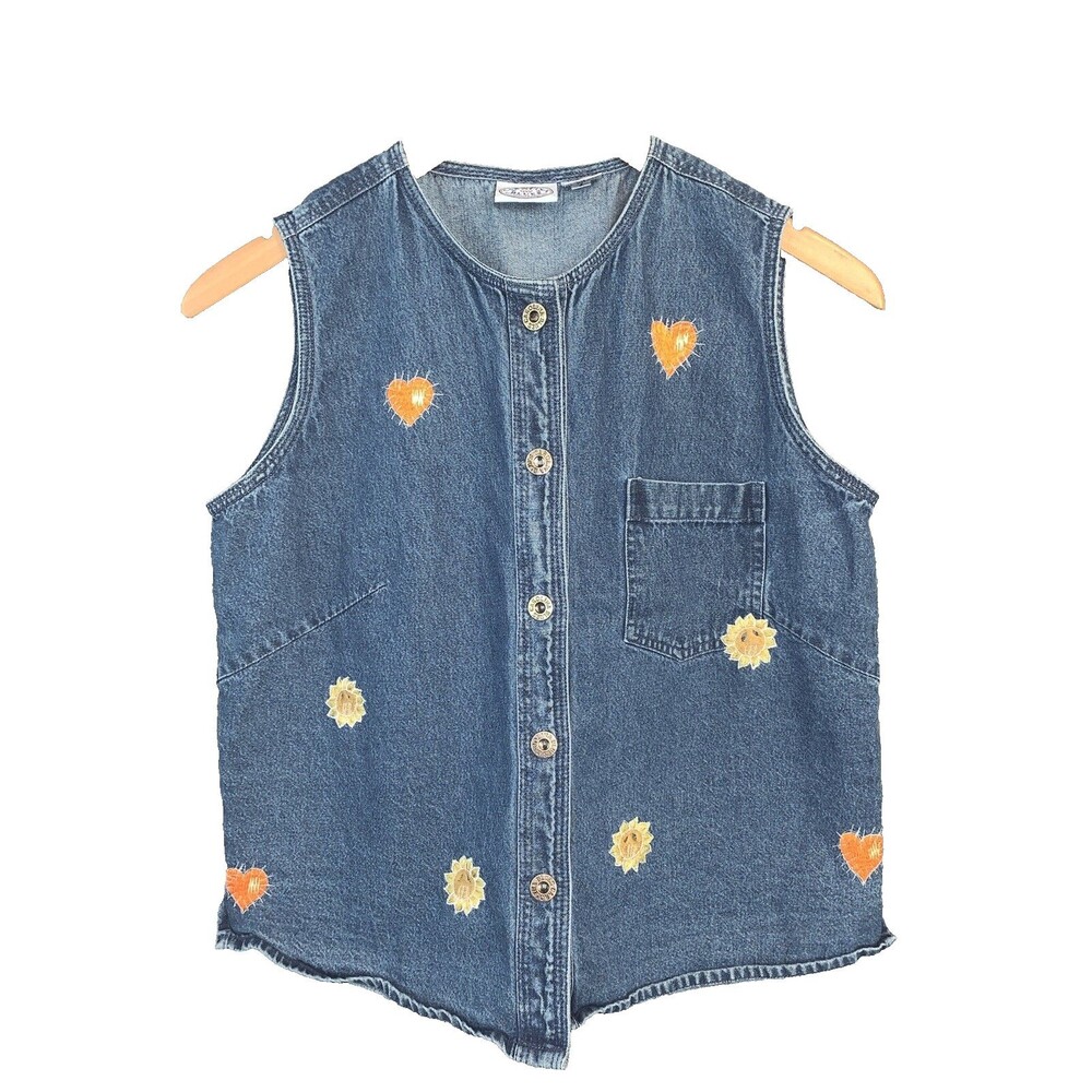 Vtg 90s Y2K Embroidered Blue Denim Vest Top Sz M Heart Sun Whimsy Teacher Granny